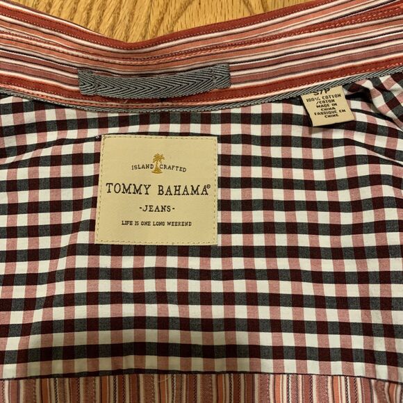 Tommy Bahama Jeans Red Orange Striped Cotton Button Up Shirt Men’s Size Small - Picture 2 of 12